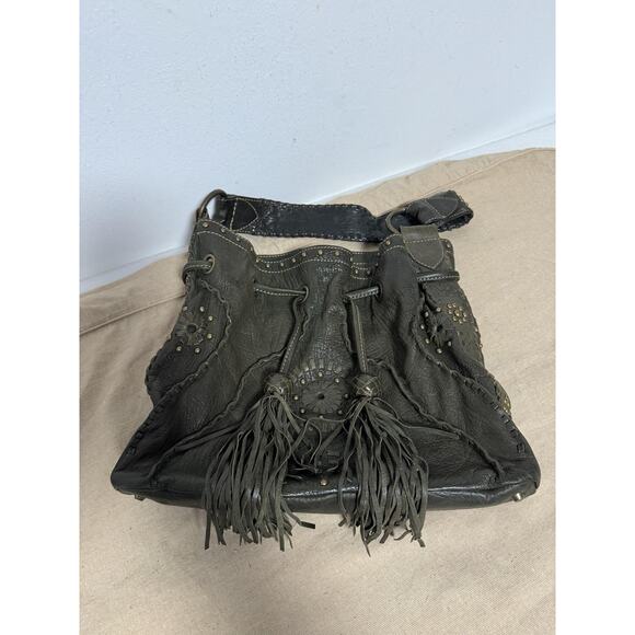 Jamie Drake Hobo Shoulder Bag Womens Olive Green Leather Drawstring Tassel Boho - Picture 11 of 14